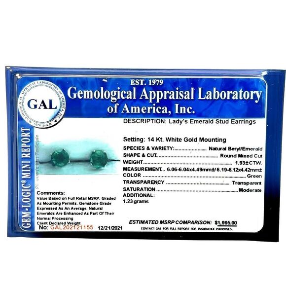 Natural Emerald Stud Earrings 14k White Gold 1.93 Carats Certified $1,995 121155 - Picture 12 of 12